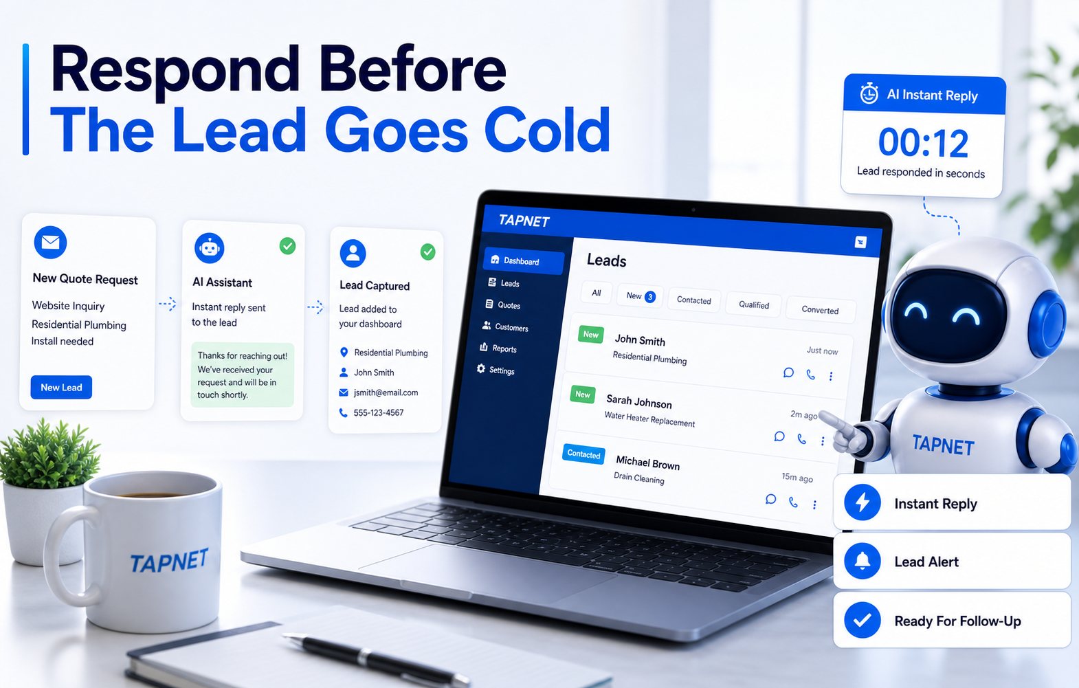 TAPNET lead response workflow showing instant reply, lead alert, and follow-up readiness.