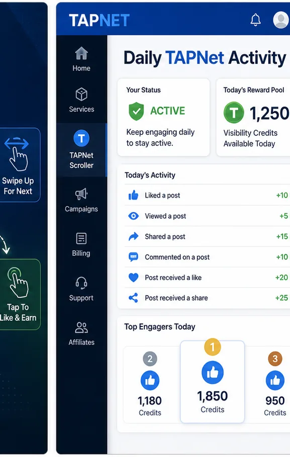 TAPNET daily affiliate activity dashboard with active status, reward pool, likes, shares, and post views.
