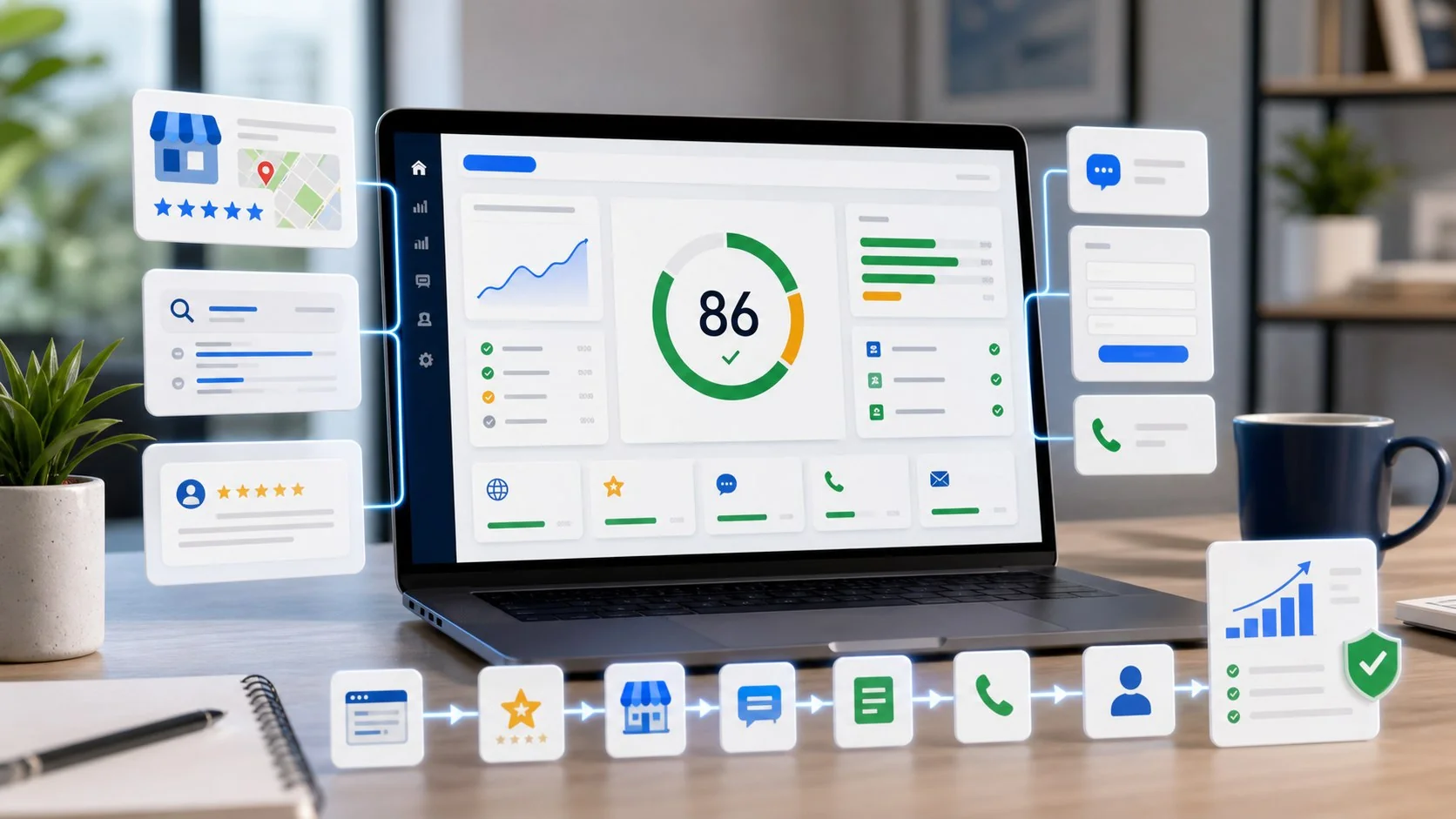 Illustration of AI readiness checks connecting business information, trust signals, and contact paths.