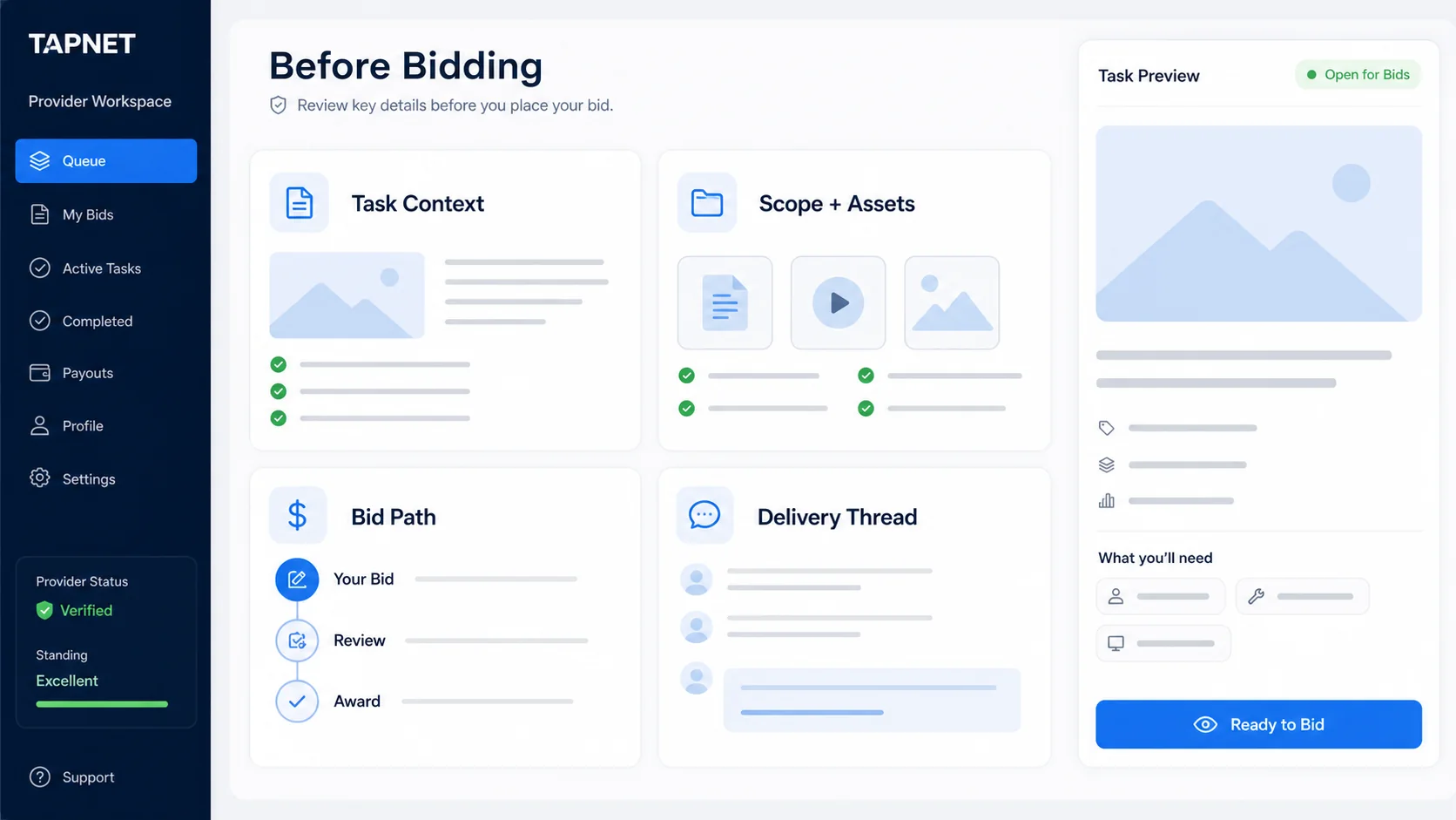 Provider workspace showing task context, scope and assets, bid path, and delivery thread before bidding.