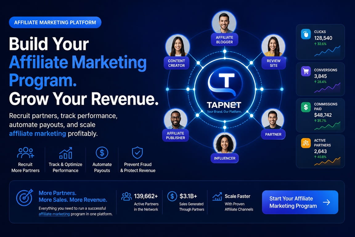 TAPNET affiliate marketing platform graphic for partner program growth.